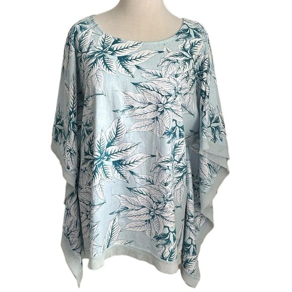 Cynthia Rowley Women’s Linen Blend Tunic Top 1X Blue Floral Poncho Mesh Trim - Picture 1 of 7